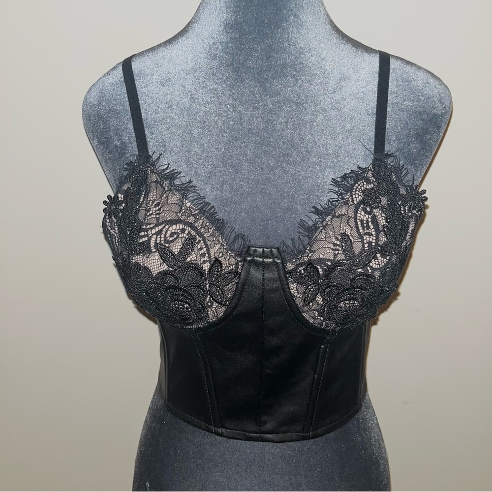 Y2K Charlotte Russe Black Lace and Faux Leather Corset Top